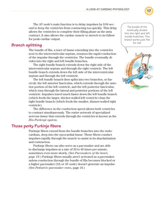 17
A LOOK AT CARDIAC PHYSIOLOGY
The AV node’s main function is to delay impulses by 0.04 sec-
ond to keep the ventricles from contracting too quickly. This delay
allows the ventricles to complete their filling phase as the atria
contract. It also allows the cardiac muscle to stretch to its fullest
for peak cardiac output.
Branch splitting
The bundle of His, a tract of tissue extending into the ventricles
next to the interventricular septum, resumes the rapid conduction
of the impulse through the ventricles. The bundle eventually di-
vides into the right and left bundle branches.
The right bundle branch extends down the right side of the
interventricular septum and through the right ventricle. The left
bundle branch extends down the left side of the interventricular
septum and through the left ventricle.
The left bundle branch then splits into two branches, or fas-
ciculi: the left anterior fasciculus, which extends through the ante-
rior portion of the left ventricle, and the left posterior fasciculus,
which runs through the lateral and posterior portions of the left
ventricle. Impulses travel much faster down the left bundle branch
(which feeds the larger, thicker-walled left ventricle) than the
right bundle branch (which feeds the smaller, thinner-walled right
ventricle).
The difference in the conduction speed allows both ventricles
to contract simultaneously. The entire network of specialized
nervous tissue that extends through the ventricles is known as the
His-Purkinje system.
Those perky Purkinje fibers
Purkinje fibers extend from the bundle branches into the endo-
cardium, deep into the myocardial tissue. These fibers conduct
impulses rapidly through the muscle to assist in its depolarization
and contraction.
Purkinje fibers can also serve as a pacemaker and are able
to discharge impulses at a rate of 20 to 40 times per minute,
sometimes even more slowly. (See Pacemakers of the heart,
page 18.) Purkinje fibers usually aren’t activated as a pacemaker
unless conduction through the bundle of His becomes blocked or
a higher pacemaker (SA or AV node) doesn’t generate an impulse.
(See Pediatric pacemaker rates, page 18.)
The bundle of His
eventually divides
into the right and left
bundle branches. This
branch works just fine
for me!
ECG_Chap01.indd 17
ECG_Chap01.indd 17 7/7/2010 5:47:53 PM
7/7/2010 5:47:53 PM
 