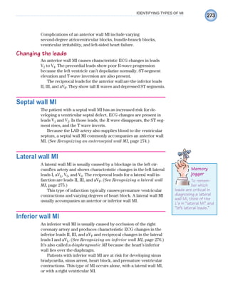 273
IDENTIFYING TYPES OF MI
Complications of an anterior wall MI include varying
second-degree atrioventricular blocks, bundle-branch blocks,
ventricular irritability, and left-sided heart failure.
Changing the leads
An anterior wall MI causes characteristic ECG changes in leads
V2 to V4. The precordial leads show poor R-wave progression
because the left ventricle can’t depolarize normally. ST-segment
elevation and T-wave inversion are also present.
The reciprocal leads for the anterior wall are the inferior leads
II, III, and aVF. They show tall R waves and depressed ST segments.
Septal wall MI
The patient with a septal wall MI has an increased risk for de-
veloping a ventricular septal defect. ECG changes are present in
leads V1 and V2. In those leads, the R wave disappears, the ST seg-
ment rises, and the T wave inverts.
Because the LAD artery also supplies blood to the ventricular
septum, a septal wall MI commonly accompanies an anterior wall
MI. (See Recognizing an anteroseptal wall MI, page 274.)
Lateral wall MI
A lateral wall MI is usually caused by a blockage in the left cir-
cumflex artery and shows characteristic changes in the left lateral
leads I, aVL, V5, and V6. The reciprocal leads for a lateral wall in-
farction are leads II, III, and aVF. (See Recognizing a lateral wall
MI, page 275.)
This type of infarction typically causes premature ventricular
contractions and varying degrees of heart block. A lateral wall MI
usually accompanies an anterior or inferior wall MI.
Inferior wall MI
An inferior wall MI is usually caused by occlusion of the right
coronary artery and produces characteristic ECG changes in the
inferior leads II, III, and aVF and reciprocal changes in the lateral
leads I and aVL. (See Recognizing an inferior wall MI, page 276.)
It’s also called a diaphragmatic MI because the heart’s inferior
wall lies over the diaphragm.
Patients with inferior wall MI are at risk for developing sinus
bradycardia, sinus arrest, heart block, and premature ventricular
contractions. This type of MI occurs alone, with a lateral wall MI,
or with a right ventricular MI.
Memory
jogger
To remem-
ber which
leads are critical in
diagnosing a lateral
wall MI, think of the
L’s in “lateral MI” and
“left lateral leads.”
ECG_Chap12.indd 273
ECG_Chap12.indd 273 7/8/2010 4:37:45 PM
7/8/2010 4:37:45 PM
 