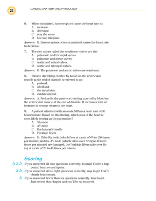 22
CARDIAC ANATOMY AND PHYSIOLOGY
6. When stimulated, baroreceptors cause the heart rate to:
A. increase.
B. decrease.
C. stay the same.
D. become irregular.
Answer: B. Baroreceptors, when stimulated, cause the heart rate
to decrease.
7. The two valves called the semilunar valves are the:
A. pulmonic and tricuspid valves.
B. pulmonic and aortic valves.
C. aortic and mitral valves.
D. aortic and tricuspid valves.
Answer: B. The pulmonic and aortic valves are semilunar.
8. Passive stretching exerted by blood on the ventricular
muscle at the end of diastole is referred to as:
A. preload.
B. afterload.
C. the atrial kick.
D. cardiac output.
Answer: A. Preload is the passive stretching exerted by blood on
the ventricular muscle at the end of diastole. It increases with an
increase in venous return to the heart.
9. A patient admitted with an acute MI has a heart rate of 36
beats/minute. Based on this finding, which area of the heart is
most likely serving as the pacemaker?
A. SA node
B. AV node
C. Bachmann’s bundle
D. Purkinje fibers
Answer: D. If the SA node (which fires at a rate of 60 to 100 times
per minute) and the AV node (which takes over firing at 40 to 60
times per minute) are damaged, the Purkinje fibers take over fir-
ing at a rate of 20 to 40 times per minute.
Scoring
If you answered all nine questions correctly, hooray! You’re a hap-
penin’, heart-smart hipster.
If you answered six to eight questions correctly, way to go! You’re
clearly heart smart.
If you answered fewer than six questions correctly, take heart.
Just review this chapter and you’ll be up to speed.
✰✰✰
✰✰
✰
ECG_Chap01.indd 22
ECG_Chap01.indd 22 7/7/2010 5:47:56 PM
7/7/2010 5:47:56 PM
 