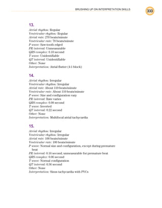 BRUSHING UP ON INTERPRETATION SKILLS
333
13.
Atrial rhythm: Regular
Ventricular rhythm: Regular
Atrial rate: 270 beats/minute
Ventricular rate: 70 beats/minute
P wave: Saw-tooth edged
PR interval: Unmeasurable
QRS complex: 0.10 second
T wave: Unidentifiable
QT interval: Unidentifiable
Other: None
Interpretation: Atrial flutter (4:1 block)
14.
Atrial rhythm: Irregular
Ventricular rhythm: Irregular
Atrial rate: About 110 beats/minute
Ventricular rate: About 110 beats/minute
P wave: Size and configuration vary
PR interval: Rate varies
QRS complex: 0.08 second
T wave: Inverted
QT interval: 0.22 second
Other: None
Interpretation: Multifocal atrial tachycardia
15.
Atrial rhythm: Irregular
Ventricular rhythm: Irregular
Atrial rate: 100 beats/minute
Ventricular rate: 100 beats/minute
P wave: Normal size and configuration, except during premature
beat
PR interval: 0.16 second; unmeasurable for premature beat
QRS complex: 0.06 second
T wave: Normal configuration
QT interval: 0.36 second
Other: None
Interpretation: Sinus tachycardia with PVCs
ECG_BM.indd 333
ECG_BM.indd 333 7/7/2010 5:46:31 PM
7/7/2010 5:46:31 PM
 