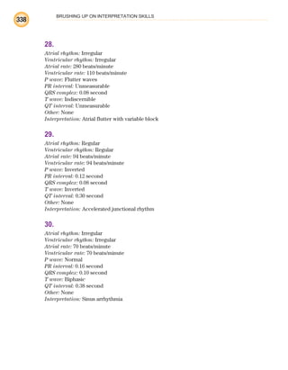 BRUSHING UP ON INTERPRETATION SKILLS
338
28.
Atrial rhythm: Irregular
Ventricular rhythm: Irregular
Atrial rate: 280 beats/minute
Ventricular rate: 110 beats/minute
P wave: Flutter waves
PR interval: Unmeasurable
QRS complex: 0.08 second
T wave: Indiscernible
QT interval: Unmeasurable
Other: None
Interpretation: Atrial flutter with variable block
29.
Atrial rhythm: Regular
Ventricular rhythm: Regular
Atrial rate: 94 beats/minute
Ventricular rate: 94 beats/minute
P wave: Inverted
PR interval: 0.12 second
QRS complex: 0.08 second
T wave: Inverted
QT interval: 0.30 second
Other: None
Interpretation: Accelerated junctional rhythm
30.
Atrial rhythm: Irregular
Ventricular rhythm: Irregular
Atrial rate: 70 beats/minute
Ventricular rate: 70 beats/minute
P wave: Normal
PR interval: 0.16 second
QRS complex: 0.10 second
T wave: Biphasic
QT interval: 0.38 second
Other: None
Interpretation: Sinus arrhythmia
ECG_BM.indd 338
ECG_BM.indd 338 7/7/2010 5:46:32 PM
7/7/2010 5:46:32 PM
 