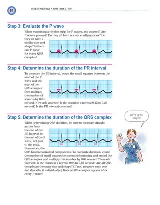 54
INTERPRETING A RHYTHM STRIP
Step 3: Evaluate the P wave
When examining a rhythm strip for P waves, ask yourself: Are
P waves present? Do they all have normal configurations? Do
they all have a
similar size and
shape? Is there
one P wave
for every QRS
complex?
Step 4: Determine the duration of the PR interval
To measure the PR interval, count the small squares between the
start of the P
wave and the
start of the
QRS complex;
then multiply
the number of
squares by 0.04
second. Now ask yourself: Is the duration a normal 0.12 to 0.20
second? Is the PR interval constant?
Step 5: Determine the duration of the QRS complex
When determining QRS duration, be sure to measure straight
across from
the end of the
PR interval to
the end of the S
wave, not just
to the peak.
Remember, the
QRS has no horizontal components. To calculate duration, count
the number of small squares between the beginning and end of the
QRS complex and multiply this number by 0.04 second. Then ask
yourself: Is the duration a normal 0.06 to 0.10 second? Are all QRS
complexes the same size and shape? (If not, measure each one
and describe it individually.) Does a QRS complex appear after
every P wave?
We're up to
step 5!
ECG_Chap03.indd 54
ECG_Chap03.indd 54 7/7/2010 5:51:04 PM
7/7/2010 5:51:04 PM
 