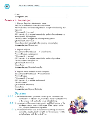 86
SINUS NODE ARRHYTHMIAS
Other:
Interpretation:
Answers to test strips
1. Rhythm: Regular except during pause
Rate: Atrial and ventricular—50 beats/minute
P wave: Normal size and configuration, except when missing dur-
ing pause
PR interval: 0.16 second
QRS complex: 0.10 second; normal size and configuration except
when missing during pause
T wave: Normal except when missing during pause
QT interval: 0.42 second
Other: Pause isn’t a multiple of a previous sinus rhythm
Interpretation: Sinus arrest
2. Rhythm: Regular
Rate: Atrial and ventricular—110 beats/minute
P wave: Normal configuration
PR interval: 0.14 second
QRS complex: 0.08 second; normal size and configuration
T wave: Normal configuration
QT interval: 0.36 second
Other: None
Interpretation: Sinus tachycardia
3. Rhythm: Atrial and ventricular—irregular
Rate: Atrial and ventricular—90 beats/minute
P wave: Normal
PR interval: 0.12 second
QRS complex: 0.10 second and normal
T wave: Normal
QT interval: 0.30 second
Other: None
Interpretation: Sinus arrhythmia
Scoring
If you answered all six questions correctly and filled in all the
blanks close to what we did, wow! You deserve to head down
to the nearest club and tachy-brady all night long!
If you answered five questions correctly and filled in most of the
blanks pretty much as we did, super! When you get to the
club, you can lead the dance parade.
If you answered fewer than five questions correctly and missed
most of the blanks, don’t worry! A few lessons and you’ll be
tachy-bradying with the best of ‘em.
✰✰✰
✰✰
✰
ECG_Chap04.indd 86
ECG_Chap04.indd 86 7/8/2010 9:30:20 AM
7/8/2010 9:30:20 AM
 