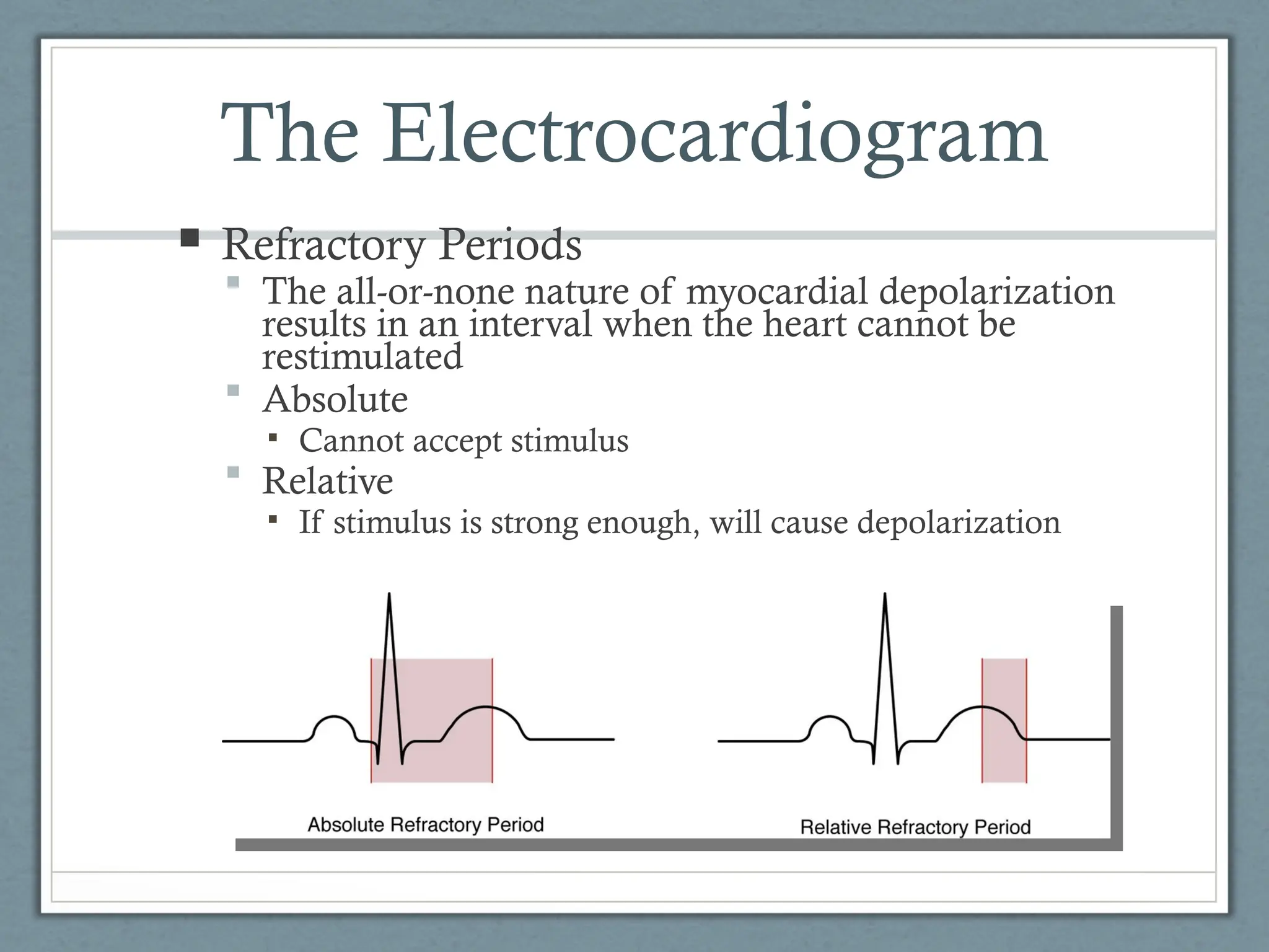 The Electrocardiogram
 Refractory Periods
 The all-or-none nature of myocardial depolarization
results in an interval when the heart cannot be
restimulated
 Absolute
▪ Cannot accept stimulus
 Relative
▪ If stimulus is strong enough, will cause depolarization
 