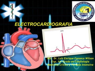ELECTROCARDIOGRAFIAELECTROCARDIOGRAFIA
MSc. Dr. Luis Enrique Fonseca Wilson
Esp. 1er Grado en Cardiología
Medicina Critica y Terapia Intensiva
 