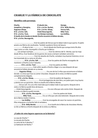 CHARLIE Y LA FÁBRICA DE CHOCOLATE
Identifica cada personaje.
Charlie, El abuelo Joe, George,
Josephine y Georgina, El Sr. y la Sra. Bucket, El Sr. Willy Wonka,
Augustus Gloop, El Sr. y la Sra. Gloop, Veruca Salt,
El Sr. y la Sra. Salt, Violet Beauregarde, Mike Tevé,
El Sr. y la Sra. Tevé, Los Oompa-Loompas, Las Ardillas,
El dueño de la tienda en donde Charlie encontró el billete dorado,
El Sr. y la Sra. Beuregarde,
………………………………………. Eran los padres de Veruca que le daban todo lo que quería. El padre
poseía una fábrica de cacahuetes. También quedaron llenos de basura.
…………………El abue lo Joe…………………….. Era el abuelo de Charlie que aunque tenía 96 años
seguí como un niño. Acompañó a Charlie por la fábrica.
………Los oompa-Loompas………………………………. Eran los obreros del Sr. Wonka, que los trajo
desde Africa. Eran fanáticos de los granos de cacao y siempre cantaban canciones.
…………, ……………………………. Eran los abuelos de Charlie, contaban muy buenas historias y no se
han levantado de su cama en 20 años.
……………… …… El Sr. y la Sra. Salt …………………. Eran los padres de Charlie encargados de
mantener a Charlie y a los 4 abuelos.
……, ……… El Sr. y la Sra. Tevé …………………………. Eran los padres de Mike.
…………………………………….. Este señor ayudó a Charlie a llegar a su casa después de que
encontró el billete dorado en su tienda.
………… Augustus Gloop, ……………………………. Era uno de los 5 niños que encontraron el billete
dorado. Lo único que hace es comer chocolate. Después de la visita a la fábrica quedó
completamente delgado.
……… El Sr. y la Sra. Gloop, ………………………………. Eran los padres de Augustus.
……………Charlie………………………….. Era el protagonista de este libro, era pobre pero muy bueno
y atento con sus parientes. Ahora es dueño de la fábrica Wonka.
…………Veruca salt. Era una niña malcriada que le daban todo lo que quería. Después de la
visita a la fábrica quedó llena de basura.
……Violet beauregarde…………………………………. Era una niña que solo comía chicle. Después de
la visita a la fábrica quedó morada.
……………… El Sr. y la Sra. Beuregarde ………………………. Eran los padres de Violet.
………………… Mike Tevé, ……………………. Era un niño que solo veía televisión. Después de la visita
de la fábrica medía 3 metros.
……………… Las Ardillas ………………………. Eran las encargadas de sacar las nueces sin partirlas.
Ellas empujaron a la familia Salt al vertedero.
……………… El Sr. Willy Wonka ………………………. Es el dueño de la fábrica de chocolates Wonka.
Le dio su fábrica a Charlie después de la visita a su fábrica.
¿Cuáles de estos lugares aparecen en la historia?
La casa de Charlie.*
La escuela de Charlie.
La cama de los 4 abuelos.*
La habitación de Noelia.*
 