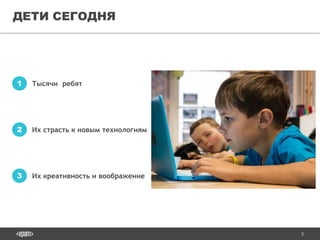 5
ДЕТИ СЕГОДНЯ
Тысячи ребят1
Их страсть к новым технологиям2
Их креативность и воображение3
 