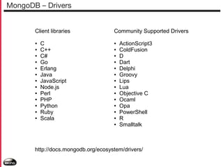MongoDB – Drivers
Client libraries
●
●
●
●
●
●
●
●
●
●
●
●
●

C
C++
C#
Go
Erlang
Java
JavaScript
Node.js
Perl
PHP
Python
Ruby
Scala

Community Supported Drivers
●
●
●
●
●
●
●
●
●
●
●
●
●
●

ActionScript3
ColdFusion
D
Dart
Delphi
Groovy
Lips
Lua
Objective C
Ocaml
Opa
PowerShell
R
Smalltalk

http://docs.mongodb.org/ecosystem/drivers/

 