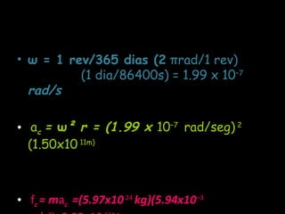 ω  = 1 rev/365 dias (2  π rad/1 rev)  (1 dia/86400s) = 1.99 x 10 –7   rad/s a c  =  ω ² r = (1.99 x  10 –7  rad/seg)  2  (1.50x10  11m) f c  = m a c  =(5.97x10   24  kg)(5.94x10 –3  m/s 2 )=3.55x10  22 N 