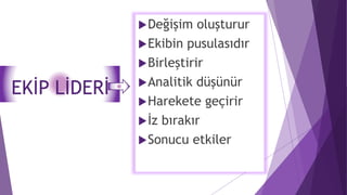 EKİP LİDERİ
Değişim oluşturur
Ekibin pusulasıdır
Birleştirir
Analitik düşünür
Harekete geçirir
İz bırakır
Sonucu etkiler
 