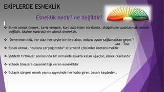 Esneklik nedir? ne değildir?
 Esnek olmak demek, taviz vermek, kontrolü elden bırakmak, disiplinden uzaklaşmak demek
değildir. Aksine kontrolü ele almak demektir.
 ‘Denetimin özü, var olan her şeyle birlikte akıp, onlara uyum sağlamaktan geçer.”
Lao – Tzu
 Esnek olmak, “duvara çarptığınızda” alternatif çözümler üretebilmektir
 Şiddetli fırtınalar sonrasında bir ormanda ayakta kalan ağaçlar, esnek olanlardır.
 Yüksek binalara dayanıklılığı veren esnekliktir
 Bulaşık süngeri esnek yapısı sayesinde her kaba girer, başarı kaydeder..
EKİPLERDE ESNEKLİK
 