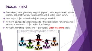 İNANAN 5 KİŞİ
 İnanmayan, zorla getirilmiş, negatif, şüpheci, zihni kapalı 50 kişi yerine
inanan, net, motivasyonu yüksek, zihni açık 5 kişilik takım kurun.
 Unutmayın doğru insan size doğru insanı getirecektir!
 Herkesin çevresinde kendi düzeyinde 10 tanıdığı vardır. Network zaman
satmaktır, zamanınızı doğru kişiler için harcayın.
 Network Marketing «içeri atma » işi değildir. Lider inşa etme işidir.
 
