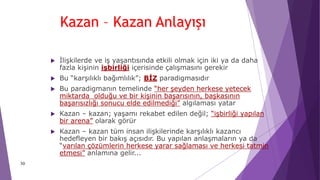 30
Kazan – Kazan Anlayışı
 İlişkilerde ve iş yaşantısında etkili olmak için iki ya da daha
fazla kişinin işbirliği içerisinde çalışmasını gerekir
 Bu “karşılıklı bağımlılık”; BİZ paradigmasıdır
 Bu paradigmanın temelinde “her şeyden herkese yetecek
miktarda olduğu ve bir kişinin başarısının, başkasının
başarısızlığı sonucu elde edilmediği” algılaması yatar
 Kazan – kazan; yaşamı rekabet edilen değil; “işbirliği yapılan
bir arena” olarak görür
 Kazan – kazan tüm insan ilişkilerinde karşılıklı kazancı
hedefleyen bir bakış açısıdır. Bu yapılan anlaşmaların ya da
“varılan çözümlerin herkese yarar sağlaması ve herkesi tatmin
etmesi” anlamına gelir...
 