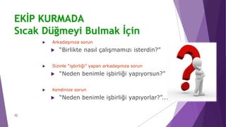 32
 Arkadaşınıza sorun
 “Birlikte nasıl çalışmamızı isterdin?”
 Sizinle “işbirliği” yapan arkadaşınıza sorun
 “Neden benimle işbirliği yapıyorsun?”
 Kendinize sorun
 “Neden benimle işbirliği yapıyorlar?”...
EKİP KURMADA
Sıcak Düğmeyi Bulmak İçin
 