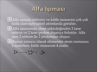 Alfa ışıması nötronu ve kütle numarası çok çok fazla olan radyoaktif atomlarda görülür. Alfa ışımasında atom çekirdeğinden 2 tane nötron ve 2 tane proton dışarıya fırlatılır. Alfa ışını 2 nötron ile 2 protondan oluşur. Bunun sonucu olarak elementin atom numarası 2 azalırken, kütle numarası 4 azalır. 