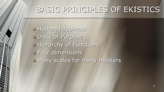 BASIC PRINCIPLES OF EKISTICS
Human happiness
 Unity of Purpose
 Hierarchy of Functions
 Four dimensions
 Many scales for many masters


3

 