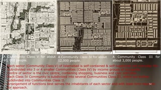 A Community Class V for about A Community Class IV for about
40, 000 people.
12,000 people.

A Community Class III for
about 3,000 people.

Each sector (Community Class V) of Islamabad is self-contained & self-supported wrt everyday life.
Sub-divided into 3 or 4 smaller Communities (Class IV) by income groups of occupants.
Centre of sector is the civic centre, containing shopping, business and civic activities.
Each Class IV Community is subdivided into several Communities Class III, which are further
subdivided into Communities Class II.
34
• Arrangement of functions best serves the inhabitants of each sector and with least time required
for approach.
•
•
•
•

 
