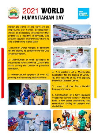 2021 WORLD
HUMANITARIAN DAY
Below are some of the ways we are
improving our human development
indices and necessary infras...