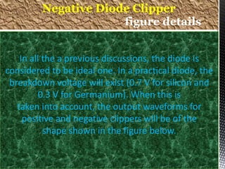 In all the a previous discussions, the diode is
considered to be ideal one. In a practical diode, the
breakdown voltage will exist (0.7 V for silicon and
0.3 V for Germanium). When this is
taken into account, the output waveforms for
positive and negative clippers will be of the
shape shown in the figure below.
Negative Diode Clipper
figure details
 