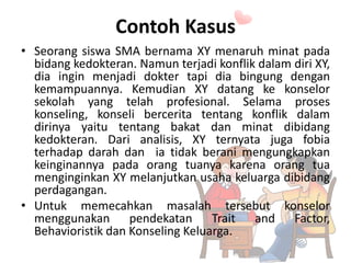 Contoh Kasus
• Seorang siswa SMA bernama XY menaruh minat pada
bidang kedokteran. Namun terjadi konflik dalam diri XY,
dia ingin menjadi dokter tapi dia bingung dengan
kemampuannya. Kemudian XY datang ke konselor
sekolah yang telah profesional. Selama proses
konseling, konseli bercerita tentang konflik dalam
dirinya yaitu tentang bakat dan minat dibidang
kedokteran. Dari analisis, XY ternyata juga fobia
terhadap darah dan ia tidak berani mengungkapkan
keinginannya pada orang tuanya karena orang tua
menginginkan XY melanjutkan usaha keluarga dibidang
perdagangan.
• Untuk memecahkan masalah tersebut konselor
menggunakan pendekatan Trait and Factor,
Behavioristik dan Konseling Keluarga.
 