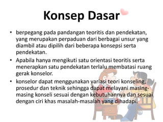 Konsep Dasar
• berpegang pada pandangan teoritis dan pendekatan,
yang merupakan perpaduan dari berbagai unsur yang
diambil atau dipilih dari beberapa konsepsi serta
pendekatan.
• Apabila hanya mengikuti satu orientasi teoritis serta
menerapkan satu pendekatan terlalu membatasi ruang
gerak konselor.
• konselor dapat menggunakan variasi teori konseling,
prosedur dan teknik sehingga dapat melayani masing-
masing konseli sesuai dengan kebutuhannya dan sesuai
dengan ciri khas masalah-masalah yang dihadapi.
 