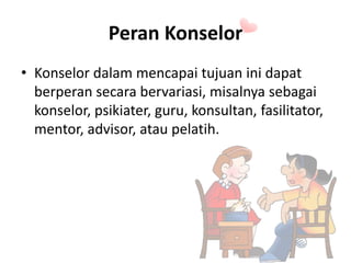 Peran Konselor
• Konselor dalam mencapai tujuan ini dapat
berperan secara bervariasi, misalnya sebagai
konselor, psikiater, guru, konsultan, fasilitator,
mentor, advisor, atau pelatih.
 