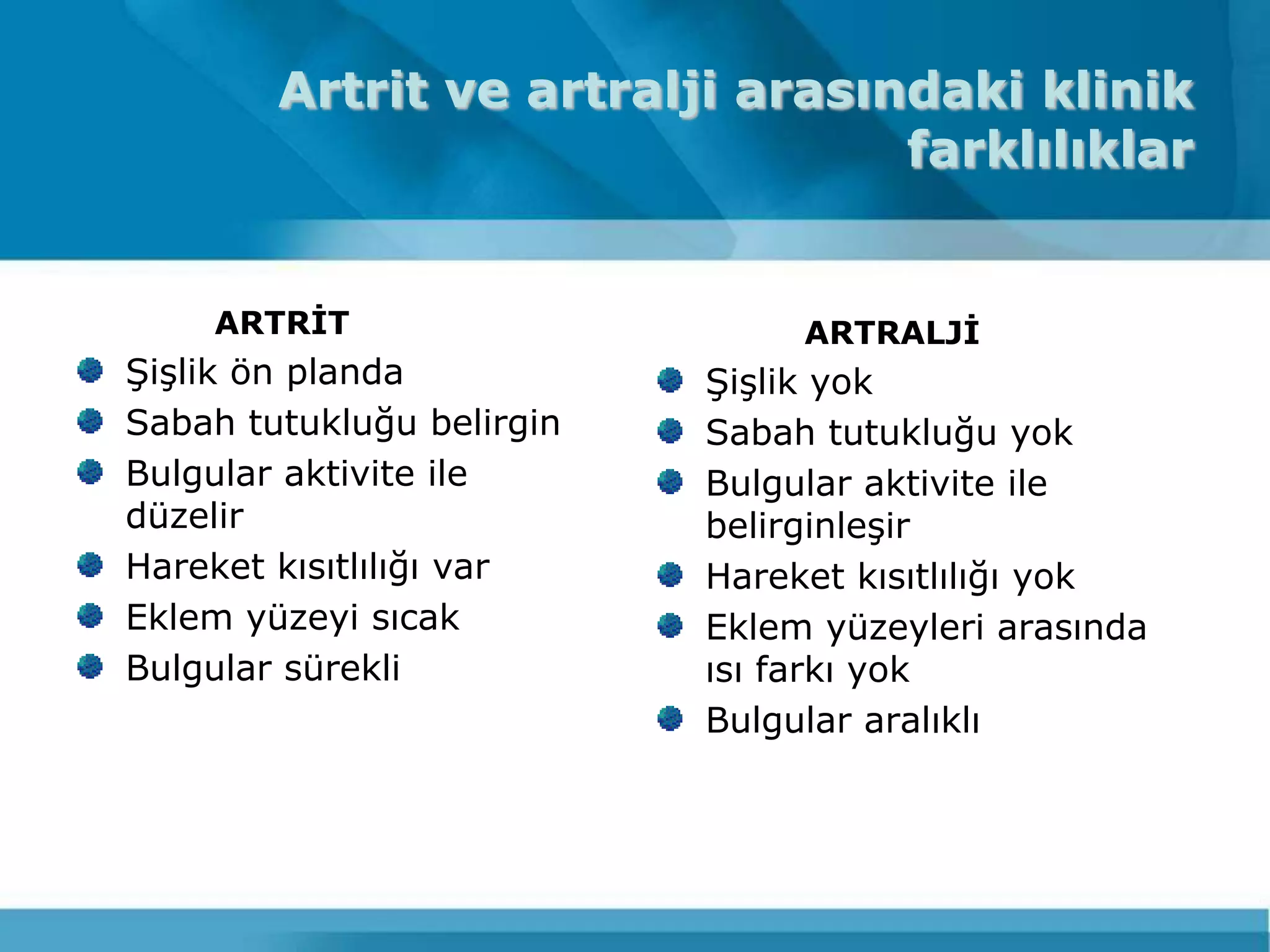 Artrit ve artralji arasındaki klinik
                                 farklılıklar


    ARTRİT                      ARTRALJİ
ġiĢlik ön planda           ġiĢlik yok
Sabah tutukluğu belirgin   Sabah tutukluğu yok
Bulgular aktivite ile      Bulgular aktivite ile
düzelir                    belirginleĢir
Hareket kısıtlılığı var    Hareket kısıtlılığı yok
Eklem yüzeyi sıcak         Eklem yüzeyleri arasında
Bulgular sürekli           ısı farkı yok
                           Bulgular aralıklı
 