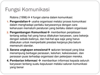 Fungsi Komunikasi
Robins (1996) 4 fungsi utama dalam komunikasi:
1. Pengendalian usaha organisasi melalui proses komunikasi
dalam menghadapi perilaku karyawannya dengan cara
keharusan mematuhi peraturan yang berlaku dalam organisasi
2. Pengembangan Komunikasi memberikan penjelasan
tentang setiap hal yang harus dilakukan karyawan, cara bekerja
dengan sebaik-baiknya, dan hal-hal apa saja yang harus
dilakukan untuk memperbaiki prestasi kerjanya jika belum
memenuhi standar.
3. Sarana ungkapan emosional saluran tercepat yang bisa
menampung berbagai perasaan, keluhan; kekecewaan, dan
perasaan puas terhadap organisasi dan pekerjaan mereka.
4. Pemberian Informasi  memberikan informasi kepada seluruh
karyawan tentang suatu keputusan melalui saluran komunikasi
yang benar
 