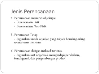Jenis Perencanaan
4. Perencanaan menurut objeknya:
- Perencanaan Fisik
- Perencanaan Non-Fisik
5. Perencanan Tetap
- digunakan untuk kejadian yang terjadi berulang-ulang
secara terus menerus
6. Perencanaan dengan maksud tertentu
- digunakan saat organisasi menghadapi perubahan,
kontingensi, dan pengembangan produk
 