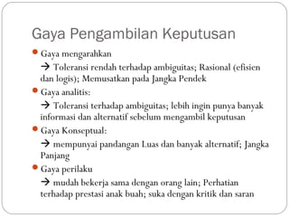 Gaya Pengambilan Keputusan
Gaya mengarahkan
 Toleransi rendah terhadap ambiguitas; Rasional (efisien
dan logis); Memusatkan pada Jangka Pendek
Gaya analitis:
 Toleransi terhadap ambiguitas; lebih ingin punya banyak
informasi dan alternatif sebelum mengambil keputusan
Gaya Konseptual:
 mempunyai pandangan Luas dan banyak alternatif; Jangka
Panjang
Gaya perilaku
 mudah bekerja sama dengan orang lain; Perhatian
terhadap prestasi anak buah; suka dengan kritik dan saran
 