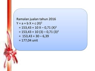 Ramalan jualan tahun 2016
Y = a + b X + c (X)2
= 153,43 + 10 X – 0,71 (X)2
= 153,43 + 10 (3) – 0,71 (3)2
= 153,43 + 30 – 6,39
= 177,04 unit

 