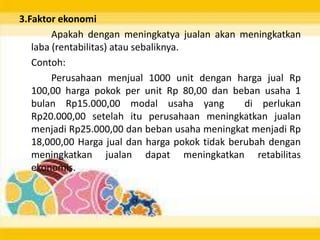 3.Faktor ekonomi
Apakah dengan meningkatya jualan akan meningkatkan
laba (rentabilitas) atau sebaliknya.
Contoh:
Perusahaan menjual 1000 unit dengan harga jual Rp
100,00 harga pokok per unit Rp 80,00 dan beban usaha 1
bulan Rp15.000,00 modal usaha yang
di perlukan
Rp20.000,00 setelah itu perusahaan meningkatkan jualan
menjadi Rp25.000,00 dan beban usaha meningkat menjadi Rp
18,000,00 Harga jual dan harga pokok tidak berubah dengan
meningkatkan jualan dapat meningkatkan retabilitas
ekonomis.

 