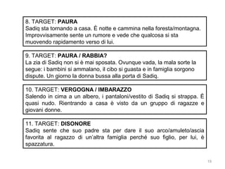 8. TARGET: PAURA
Sadiq sta tornando a casa. È notte e cammina nella foresta/montagna.
Improvvisamente sente un rumore e vede che qualcosa si sta
muovendo rapidamento verso di lui.
9. TARGET: PAURA / RABBIA?
La zia di Sadiq non si è mai sposata. Ovunque vada, la mala sorte la
segue: i bambini si ammalano, il cibo si guasta e in famiglia sorgono
dispute. Un giorno la donna bussa alla porta di Sadiq.
10. TARGET: VERGOGNA / IMBARAZZO
Salendo in cima a un albero, i pantaloni/vestito di Sadiq si strappa. È
quasi nudo. Rientrando a casa è visto da un gruppo di ragazze e
giovani donne.
11. TARGET: DISONORE
Sadiq sente che suo padre sta per dare il suo arco/amuleto/ascia
favorita al ragazzo di un’altra famiglia perché suo figlio, per lui, è
spazzatura.
19

 