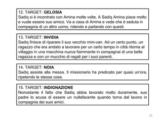 12. TARGET: GELOSIA
Sadiq si è incontrato con Amina molte volte. A Sadiq Amina piace molto
e vuole essere suo amico. Va a casa di Amina e vede che è seduta in
compagnia di un altro uomo, ridendo e parlando con questi.
13. TARGET: INVIDIA
Sadiq finisce di riparare il suo vecchio mini-van. Ad un certo punto, un
ragazzo che era andato a lavorare per un certo tempo in città ritorna al
villaggio in una macchina nuova fiammante in compagnai di una bella
ragazza e con un mucchio di regali per i suoi parenti.
14. TARGET: NOIA
Sadiq assiste alla messa. Il missionario ha predicato per quasi un’ora,
ripetendo le stesse cose.
15. TARGET: INDIGNAZIONE
Nonostante il fatto che Sadiq abbia lavorato molto duramente, suo
padre lo acusa di essere un nullafacente quando torna dal lavoro in
compagnia dei suoi amici.
20

 