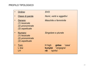 PROFILO TIPOLOGICO
•

Ordine:

SVO

•

Classi di parole

Nomi, verbi e aggettivi

•

Genere:
(1) lessicale
(2) pronominale
(3) aspettuale

Maschile e femminile

•

Numero:
(1) lessicale
(2) pronominale
(3) aspettuale

Singolare e plurale

•

Toni:
L low
LH

H high
gidaa ‘casa’
kunyàà ‘vergogna’
râi ‘spirito’

31

 
