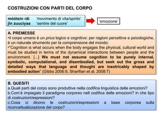 COSTRUZIONI CON PARTI DEL CORPO
mòòtsin râi
mòòtsin râi
jîn zuucìyaa
jîn zuucìyaa

‘movimento di vita/spirito’
‘movimento di vita/spirito’
‘sentire del cuore’
‘sentire del cuore’

‘emozione’

A. PREMESSE
A. PREMESSE
••ilcorpo umano è un prius logico e cognitivo: per ragioni percettive e psicologiche,
il corpo umano è un prius logico e cognitivo: per ragioni percettive e psicologiche,
è un naturale strumento per la comprensione del mondo;
è un naturale strumento per la comprensione del mondo;
••“Cognitionis what occurs when the body engages the physical, cultural world and
“Cognition is what occurs when the body engages the physical, cultural world and
must be studied in terms of the dynamical interactions between people and the
must be studied in terms of the dynamical interactions between people and the
environment. [...] We must not assume cognition to be purely internal,
environment. [...] We must not assume cognition to be purely internal,
symbolic, computational, and disembodied, but seek out the gross and
symbolic, computational, and disembodied, but seek out the gross and
detailed ways that language and thought are inextricably shaped by
detailed ways that language and thought are inextricably shaped by
embodied action” (Gibbs 2006:9, Sharifian et al. 2008:7)
embodied action” (Gibbs 2006:9, Sharifian et al. 2008:7)
B. QUESITI
B. QUESITI
a.Quali parti del corpo sono produttive nella codifica linguistica delle emozioni?
a.Quali parti del corpo sono produttive nella codifica linguistica delle emozioni?
b.Com’è impiegato ililparadigma corporeo nell codifica delle emozioni? in che tipo
b.Com’è impiegato paradigma corporeo nell codifica delle emozioni? in che tipo
di costruzioni/espressioni?
di costruzioni/espressioni?
c.Cosa ci dicono le costruzioni/espressioni a base corporea sulla
c.Cosa ci dicono le costruzioni/espressioni a base corporea sulla
riconcettualizzazione del corpo?
riconcettualizzazione del corpo?

 