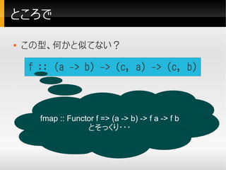 ところで

   この型、何かと似てない？

    f :: (a -> b) -> (c, a) -> (c, b)



      fmap :: Functor f => (a -> b) -> f a -> f b
       ...