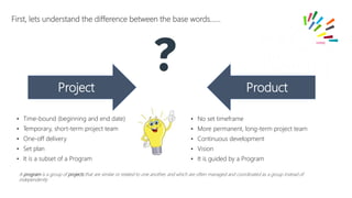 Product
First, lets understand the difference between the base words……
Project
• No set timeframe
• More permanent, long-term project team
• Continuous development
• Vision
• It is guided by a Program
• Time-bound (beginning and end date)
• Temporary, short-term project team
• One-off delivery
• Set plan
• It is a subset of a Program
A program is a group of projects that are similar or related to one another, and which are often managed and coordinated as a group instead of
independently
 