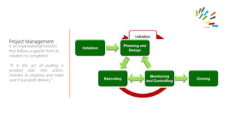 Project Management
is an organizational function
that follows a specific from its
initiation to completion
"It is the act of putting a
product plan into action,
monitor its progress and make
sure it succeeds delivery"
 