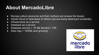 About MercadoLibre 
● Devops culture (everyone and their mothers can access the boxes) 
● Hybrid Cloud of Openstack & Othe...