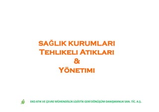 SASAĞĞLIK KURUMLARILIK KURUMLARI
Tehlikeli AtıklarıTehlikeli Atıkları
&&
YönetimiYönetimi
EKO ATIK VE ÇEVRE MÜHENDİSLİK LOJİSTİK GERİ DÖNÜŞÜM DANIŞMANLIK SAN. TİC. A.Ş.
 