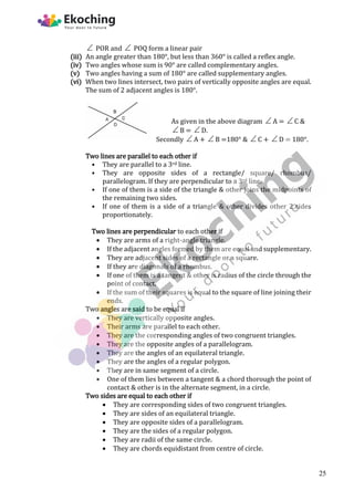  POR and  POQ form a linear pair
(iii) An angle greater than 180°, but less than 360° is called a reflex angle.
(iv) Two angles whose sum is 90° are called complementary angles.
(v) Two angles having a sum of 180° are called supplementary angles.
(vi) When two lines intersect, two pairs of vertically opposite angles are equal.
The sum of 2 adjacent angles is 180°.
As given in the above diagram  A =  C &
B = D.
Secondly A + B =180° & C +  D = 180°.
Two lines are parallel to each other if
• They are parallel to a 3rd line.
• They are opposite sides of a rectangle/ square/ rhombus/
parallelogram. If they are perpendicular to a 3rd line.
• If one of them is a side of the triangle & other joins the midpoints of
the remaining two sides.
• If one of them is a side of a triangle & other divides other 2 sides
proportionately.
Two lines are perpendicular to each other if
 They are arms of a right-angle triangle.
 If the adjacent angles formed by them are equal and supplementary.
 They are adjacent sides of a rectangle or a square.
 If they are diagonals of a rhombus.
 If one of them is a tangent & other is radius of the circle through the
point of contact.
 If the sum of their squares is equal to the square of line joining their
ends.
Two angles are said to be equal if
 They are vertically opposite angles.
 Their arms are parallel to each other.
 They are the corresponding angles of two congruent triangles.
 They are the opposite angles of a parallelogram.
 They are the angles of an equilateral triangle.
 They are the angles of a regular polygon.
 They are in same segment of a circle.
 One of them lies between a tangent & a chord thorough the point of
contact & other is in the alternate segment, in a circle.
Two sides are equal to each other if
 They are corresponding sides of two congruent triangles.
 They are sides of an equilateral triangle.
 They are opposite sides of a parallelogram.
 They are the sides of a regular polygon.
 They are radii of the same circle.
 They are chords equidistant from centre of circle.
25
 