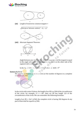 (xii) Length of transverse common tangent =
2 2
1 2
(distance between centres) (r r )
 
(xiii) Alternate Segment Theorem:
Angle between any chord (at the point of tangency) and the tangent is equal
to the angle subtended by the chord to any point on the other side of the
segment (altemate segment).
In the fig CBP2 =  CAB = X° & P₁BA =  ACB = Y⁰
Sectors of a Circle
The number of degrees of arc in a circle (or the number of degrees in a complete
revolution) is 360.
In the circle with center O above, the length of arc RS is x/360 of the circumference
of the circle; for example, if x = 60°, then arc RS has length 1/6 of the
circumference of the circle. We can remember the following formulas:
Length of arc RS = 2πr2 x/360. the complete circle is having 360 degrees & any
part of that shall be equal to x/360.
34
 