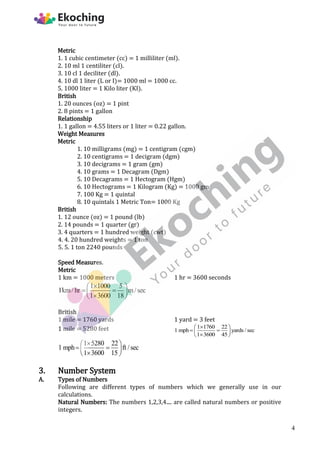 Metric
1. 1 cubic centimeter (cc) = 1 milliliter (ml).
2. 10 ml 1 centiliter (cl).
3. 10 cl 1 deciliter (dl).
4. 10 dl 1 liter (L or I)= 1000 ml = 1000 cc.
5. 1000 liter = 1 Kilo liter (KI).
British
1. 20 ounces (oz) = 1 pint
2. 8 pints = 1 gallon
Relationship
1. 1 gallon = 4.55 liters or 1 liter = 0.22 gallon.
Weight Measures
Metric
1. 10 milligrams (mg) = 1 centigram (cgm)
2. 10 centigrams = 1 decigram (dgm)
3. 10 decigrams = 1 gram (gm)
4. 10 grams = 1 Decagram (Dgm)
5. 10 Decagrams = 1 Hectogram (Hgm)
6. 10 Hectograms = 1 Kilogram (Kg) = 1000 gm
7. 100 Kg = 1 quintal
8. 10 quintals 1 Metric Ton= 1000 Kg
British
1. 12 ounce (oz) = 1 pound (lb)
2. 14 pounds = 1 quarter (gr)
3. 4 quarters = 1 hundred weight (cwt)
4. 4. 20 hundred weights = 1 ton
5. 5. 1 ton 2240 pounds
Speed Measures.
Metric
1 km = 1000 meters 1 hr = 3600 seconds
1 1000 5
1km/ hr m/sec
1 3600 18

 
 
 

 
British
1 mile = 1760 yards 1 yard = 3 feet
1 mile = 5280 feet 1 1760 22
1 mph yards / sec
1 3600 45

 
 
 

 
1 5280 22
1 mph ft /sec
1 3600 15

 
 
 

 
3. Number System
A. Types of Numbers
Following are different types of numbers which we generally use in our
calculations.
Natural Numbers: The numbers 1,2,3,4.... are called natural numbers or positive
integers.
4
 