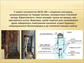 У каміні потужністю 26/32 кВт з водяним контуром, розрахованому на тверде паливо, використано сталевий вклад. Ефективність таких вкладів часом не менша, ніж звичайного котла. Важливо, щоби повітря для спалювання дров забиралось повітряним каналом ззовні будинку і скеровувалося безпосередньо до паливної камери каміну  