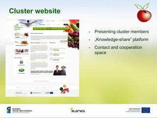 Cluster website
- Presenting cluster members
- „Knowledge-share” platform
- Contact and cooperation
space
 