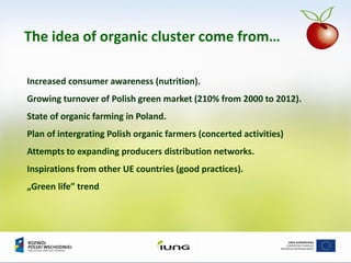 The idea of organic cluster come from…
Increased consumer awareness (nutrition).
Growing turnover of Polish green market (210% from 2000 to 2012).
State of organic farming in Poland.
Plan of intergrating Polish organic farmers (concerted activities)
Attempts to expanding producers distribution networks.
Inspirations from other UE countries (good practices).
„Green life” trend
 