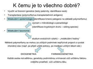 K čemu je to všechno dobré? Využití ve forenzní genetice (testy paternity, identifikace osob) Transplantace (polymorfismus transplantačních antigenů) Molekulární epidemiologie (identifikace kmenů patogenů na základě polymorfismu) význam v mikrobiologii a parazitologii  (identifikace kryptických druhů – sibling species) Molekulární taxonomie studium evolučních vztahů – „molekulární hodiny“ Některé polymorfismy se mohou za určitých podmínek nepříznivě projevit a vyvolat chorobný stav (např. po přijetí určité potravy, po medikaci určitým lékem atd.) EKOGENETIKA  FARMAKOGENETIKA Každá osoba má odlišnou, geneticky podmíněnou vnímavost vůči určitému faktoru vnějšího prostředí, vůči určitému léku. 