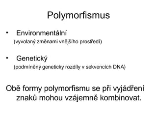 Polymorfismus Environmentální (vyvolaný změnami vnějšího prostředí) Genetický (podmíněný geneticky rozdíly v sekvencích DNA) Obě formy polymorfismu se při vyjádření znaků mohou vzájemně kombinovat. 