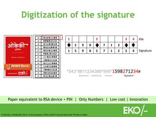 © Strictly confidential. Eko/- is the property of Eko India Financial Services Private Limited
Digitization of the signature
Paper equivalent to RSA device + PIN | Only Numbers | Low cost | Innovation
1 2 3 4
5 9 8 7 1 2
1 5 9 8 2 7 1 2 3 4
PIN
Signature
*543*9811234389*999*1598271234#
Beneficiary’s Mobile No. Amount. ‘Signature’
 